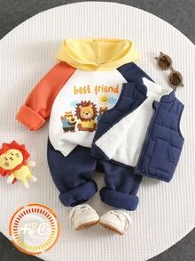 SHEIN 男嬰秋冬保暖內裡加厚連帽運動衫套裝，適合假期出遊 - 彩色 - 查看 1