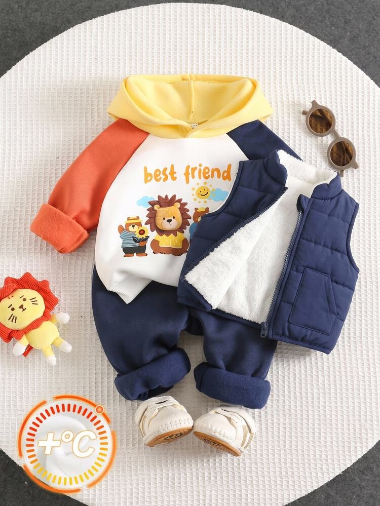SHEIN Baby Boy Autumn/Winter Thermal Lined Thick Hooded Sweatshirt Set, Suitable For Holiday Outings - Multicolor - View 1