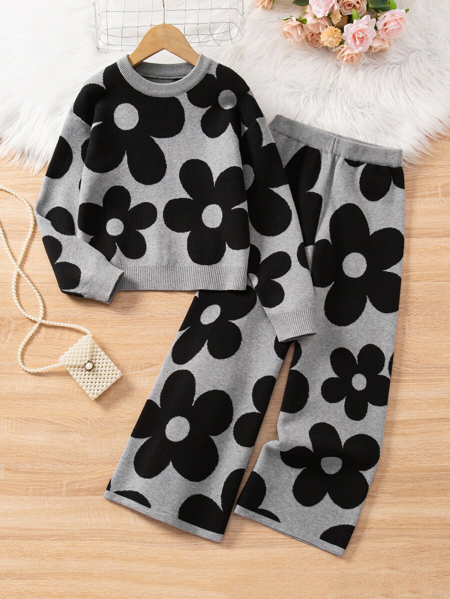 Girls' Autumn/Winter Fashion Patterned Jacquard Knit Sweater Long Sleeve Pullover & Long Pants Set - Grey - View 1