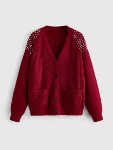 ROMWE Punk Gothic Metal Pointed Toe Rivet Design V-Neck Loose Knit Cardigan - Burgundy - View 5