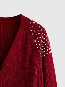 ROMWE Punk Gothic Metal Pointed Toe Rivet Design V-Neck Loose Knit Cardigan - Burgundy - View 3