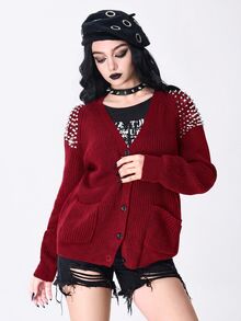 ROMWE Punk Gothic Metal Pointed Toe Rivet Design V-Neck Loose Knit Cardigan - Burgundy - View 1