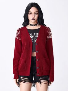 ROMWE Punk Gothic Metal Pointed Toe Rivet Design V-Neck Loose Knit Cardigan - Burgundy - View 2
