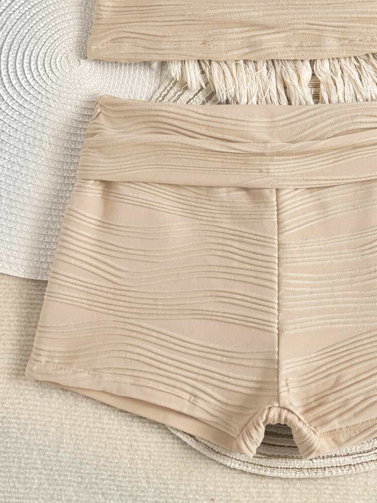 Costavie Setelan Baju Renang Dua Potong Tankini Halter Warna Polos untuk Wanita di Pantai Musim Panas - Krem - View 6
