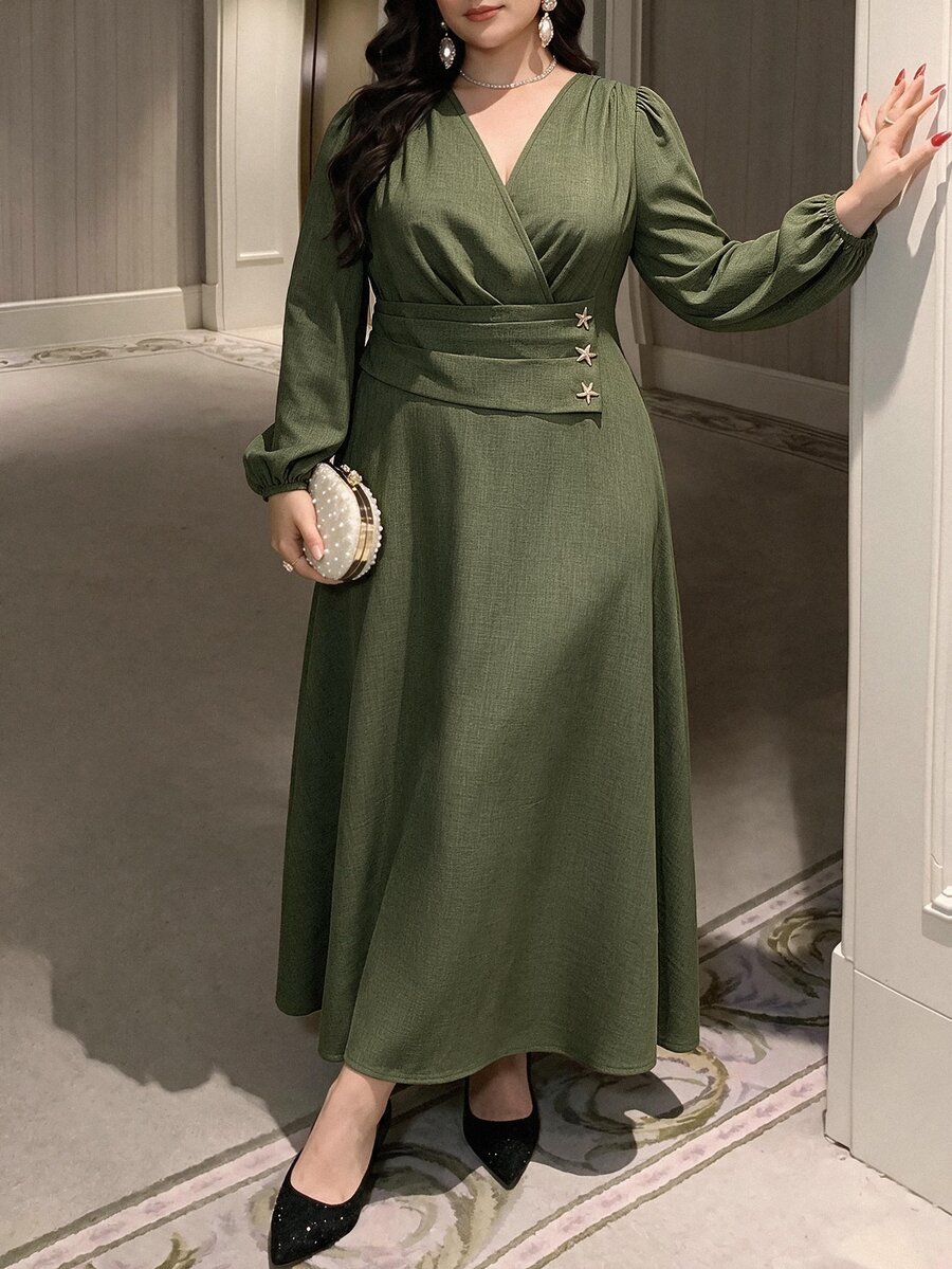Modelyn Plus Size Women Solid Green Color Overlap V-Neck Lantern Sleeve Elegant Dress - Dark Green - View 1
