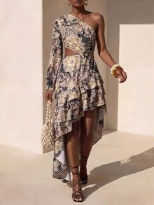 Zivah Women's Printed Waist Sexy Cutout Design High Slit Dress Vacation Style Cover-Up - Multicolor - View 5