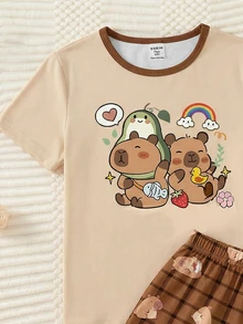 2-Piece Girls Kids Capybara Cartoon Print Pajamas Set,Summer Cute Light Pink Brown Plaid Snug Fit Loungewear Sleepwear,Family Matching Homewear Soft - Multicolor - View 3