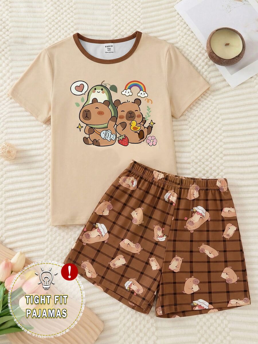 2-Piece Girls Kids Capybara Cartoon Print Pajamas Set,Summer Cute Light Pink Brown Plaid Snug Fit Loungewear Sleepwear,Family Matching Homewear Soft - Multicolor - View 1