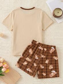 2-Piece Girls Kids Capybara Cartoon Print Pajamas Set,Summer Cute Light Pink Brown Plaid Snug Fit Loungewear Sleepwear,Family Matching Homewear Soft - Multicolor - View 2
