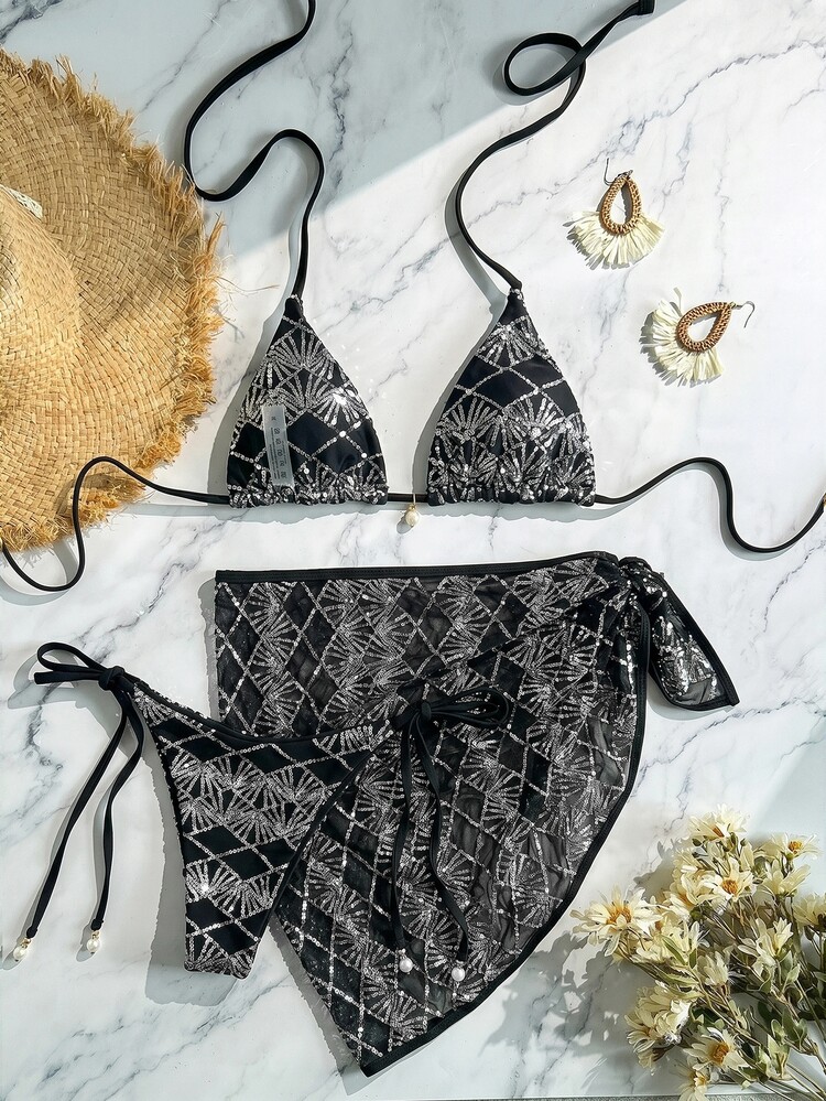 Costavie Swim Bonvoyette 3-Piece Bikini Set, Spring/Summer Beach Party Vacation, Sequin Textured Fabric, Pearl Accents, Halter Triangle Bra, Sexy Women's Black - Multicolor - View 9