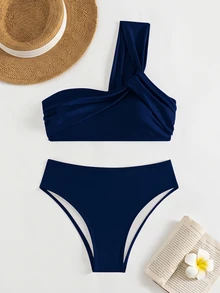 Costavie Women's Summer Beach Solid Color One Shoulder Bikini Top And Triangle Bottom Two-Piece Swimwear Set - Navy Blue - View 5