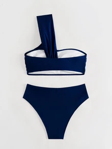 Costavie Women's Summer Beach Solid Color One Shoulder Bikini Top And Triangle Bottom Two-Piece Swimwear Set - Navy Blue - View 2