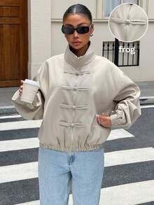Muchica Women's Solid Color Pleated Casual Versatile Daily Long Sleeve Jacket - Khaki - View 3