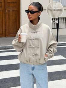 Muchica Women's Solid Color Pleated Casual Versatile Daily Long Sleeve Jacket - Khaki - View 7