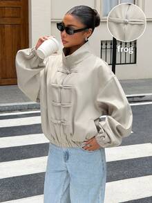 Muchica Women's Solid Color Pleated Casual Versatile Daily Long Sleeve Jacket - Khaki - View 6