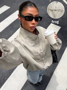Muchica Women's Solid Color Pleated Casual Versatile Daily Long Sleeve Jacket - Khaki - View 5