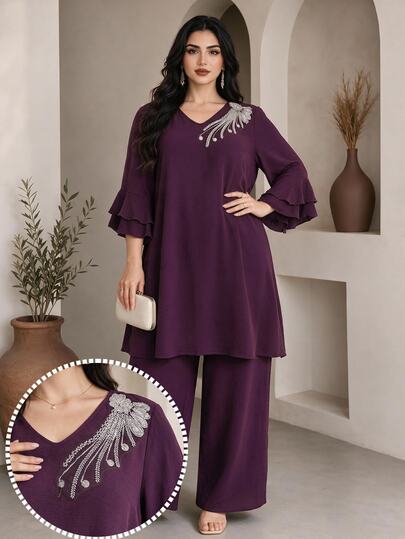 Al Najma Ensemble femme grande taille vintage avec strass, top et pantalon style arabe