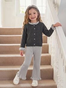 Young Girl Sweater Set, New Autumn/Winter Outfit, Charcoal Grey Contrast Light Grey Ruffle Cardigan + Wide Leg Ruffle Light Grey Pants Set - Multicolor - View 9