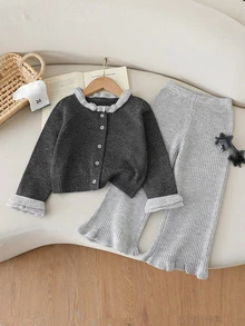Young Girl Sweater Set, New Autumn/Winter Outfit, Charcoal Grey Contrast Light Grey Ruffle Cardigan + Wide Leg Ruffle Light Grey Pants Set - Multicolor - View 1