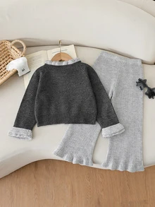 Young Girl Sweater Set, New Autumn/Winter Outfit, Charcoal Grey Contrast Light Grey Ruffle Cardigan + Wide Leg Ruffle Light Grey Pants Set - Multicolor - View 2