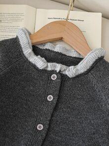 Young Girl Sweater Set, New Autumn/Winter Outfit, Charcoal Grey Contrast Light Grey Ruffle Cardigan + Wide Leg Ruffle Light Grey Pants Set - Multicolor - View 3