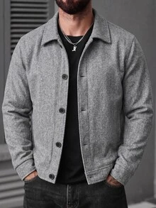 Manfinity CasualCool 男士春秋翻領粗花呢修身成熟休閒商務直筒口袋羊毛大衣 - 灰色 - 查看 2