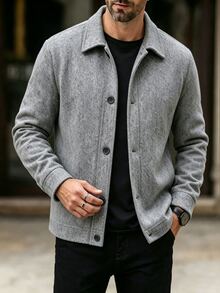 Manfinity CasualCool 男士春秋翻領粗花呢修身成熟休閒商務直筒口袋羊毛大衣 - 灰色 - 查看 7