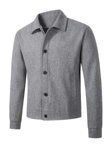 Manfinity CasualCool 男士春秋翻領粗花呢修身成熟休閒商務直筒口袋羊毛大衣 - 灰色 - 查看 3