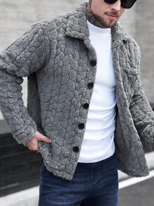 Manfinity Homme 男士单排扣口袋休闲抓绒长袖大衣，秋冬灰色大衣 - 深灰色 - 查看 4