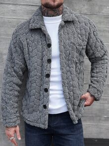 Manfinity Homme 男士单排扣口袋休闲抓绒长袖大衣，秋冬灰色大衣 - 深灰色 - 查看 3