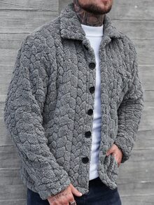 Manfinity Homme 男士单排扣口袋休闲抓绒长袖大衣，秋冬灰色大衣 - 深灰色 - 查看 5