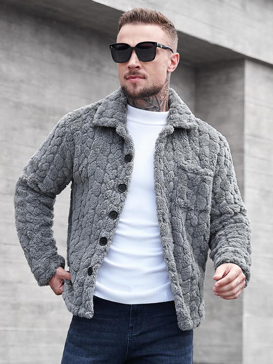 Manfinity Homme 男士单排扣口袋休闲抓绒长袖大衣,秋冬灰色大衣 - 深灰色 - 查看 1