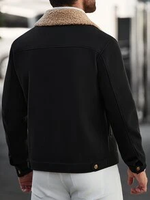 Manfinity CasualCool Men Old Money Vintage Faux Suede Trucker Jacket, Fleece Shearling Collar Distressed - Black - View 7