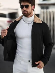 Manfinity CasualCool Men Old Money Vintage Faux Suede Trucker Jacket, Fleece Shearling Collar Distressed - Black - View 8