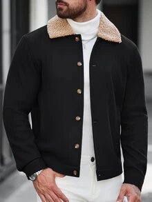 Manfinity CasualCool Men Old Money Vintage Faux Suede Trucker Jacket, Fleece Shearling Collar Distressed - Black - View 4