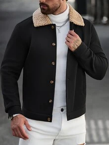 Manfinity CasualCool Men Old Money Vintage Faux Suede Trucker Jacket, Fleece Shearling Collar Distressed - Black - View 2