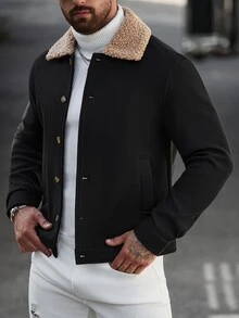 Manfinity CasualCool Men Old Money Vintage Faux Suede Trucker Jacket, Fleece Shearling Collar Distressed - Black - View 6