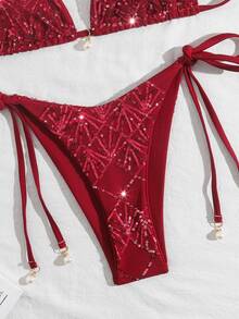 Costavie Red, Summer, 70s Retro, Beach, Holiday, Party, Holiday 2 Pieces Swimwear Set, Sparkling Textured Fabric, Pearl Halter Neck Triangle Bra, Side Tie Bottoms - Burgundy - View 4