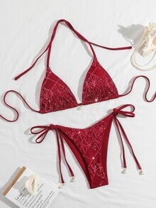 Costavie Red, Summer, 70s Retro, Beach, Holiday, Party, Holiday 2 Pieces Swimwear Set, Sparkling Textured Fabric, Pearl Halter Neck Triangle Bra, Side Tie Bottoms - Burgundy - View 5