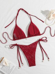 Costavie Red, Summer, 70s Retro, Beach, Holiday, Party, Holiday 2 Pieces Swimwear Set, Sparkling Textured Fabric, Pearl Halter Neck Triangle Bra, Side Tie Bottoms - Burgundy - View 3