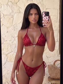 Costavie Red, Summer, 70s Retro, Beach, Holiday, Party, Holiday 2 Pieces Swimwear Set, Sparkling Textured Fabric, Pearl Halter Neck Triangle Bra, Side Tie Bottoms - Burgundy - View 1