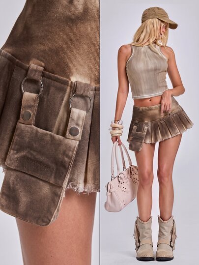 Sommer Y2K Grunge Utility Falten A-Linie Denim Rock