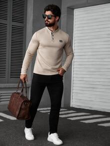 Manfinity CasualCool Camisa polo de manga larga a cuadros para hombre, Old Money, Otoño - Caqui - Ver 3