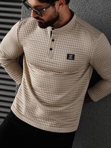 Manfinity CasualCool Camisa polo de manga larga a cuadros para hombre, Old Money, Otoño - Caqui - Ver 4