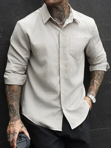 Manfinity CasualCool Men's Solid Color Casual Long Sleeve Shirt For Autumn/Winter Daily Wear,Men Long Sleeve Dress Shirt,Business Casual Shirts,Office Shirt For Men - Beige - View 4