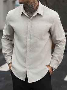 Manfinity CasualCool Men's Solid Color Casual Long Sleeve Shirt For Autumn/Winter Daily Wear,Men Long Sleeve Dress Shirt,Business Casual Shirts,Office Shirt For Men - Beige - View 2