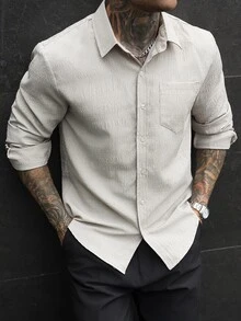 Manfinity CasualCool Men's Solid Color Casual Long Sleeve Shirt For Autumn/Winter Daily Wear,Men Long Sleeve Dress Shirt,Business Casual Shirts,Office Shirt For Men - Beige - View 7
