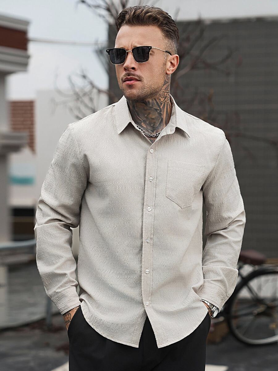 Manfinity CasualCool Men's Solid Color Casual Long Sleeve Shirt For Autumn/Winter Daily Wear,Men Long Sleeve Dress Shirt,Business Casual Shirts,Office Shirt For Men - Beige - View 1