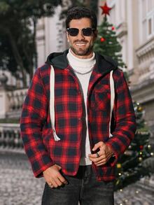Manfinity CasualCool Men's Casual Plaid Button-Up Drawstring Hooded Padded Coat, Autumn, Christmas - Red - View 1