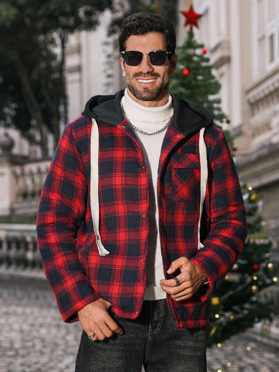 Manfinity CasualCool Men's Casual Plaid Button-Up Drawstring Hooded Padded Coat, Autumn, Christmas - Red - View 1